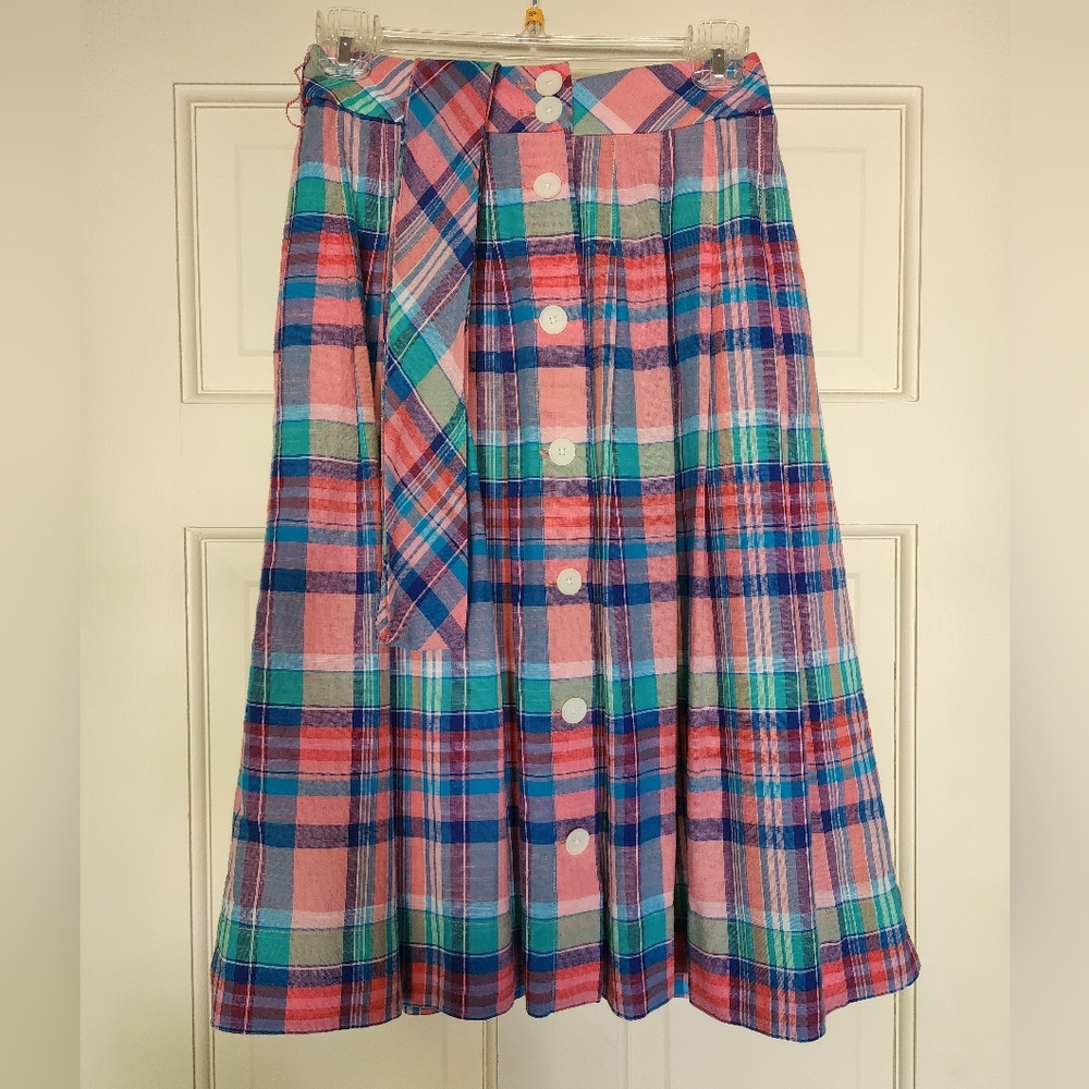 TALBOTS MADRAS PLAID BUTTON FRONT PLEATED SKIRT SZ 0P-4P NWOT